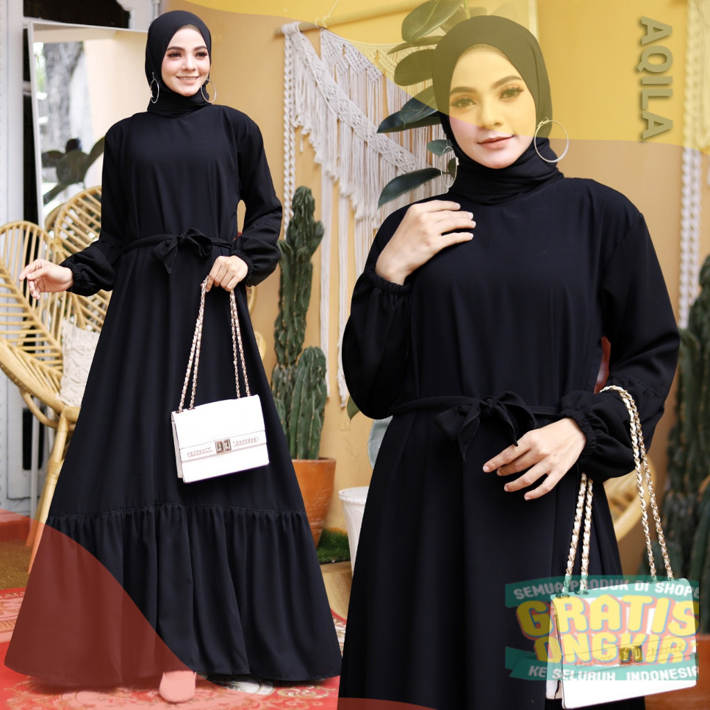 Gamis Terbaru Abaya Hitam Jetblack Abaya Turkey Aqila Polos Simple Busui Dress Muslim Baju Wanita Co