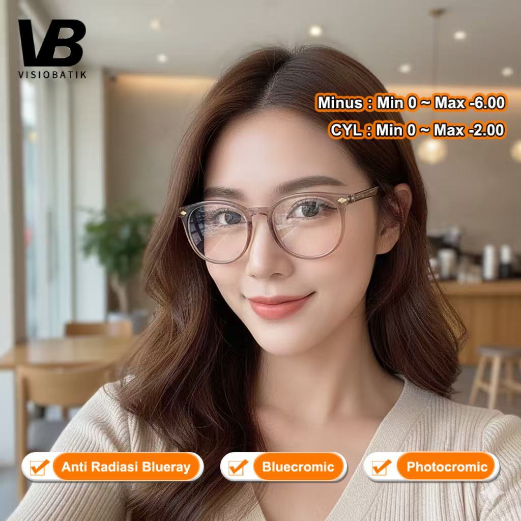 VisioBatik kacamata minus Anti Radiasi Blueray Round kacamata wanita minus 2 in 1 Bluecromic Photocr