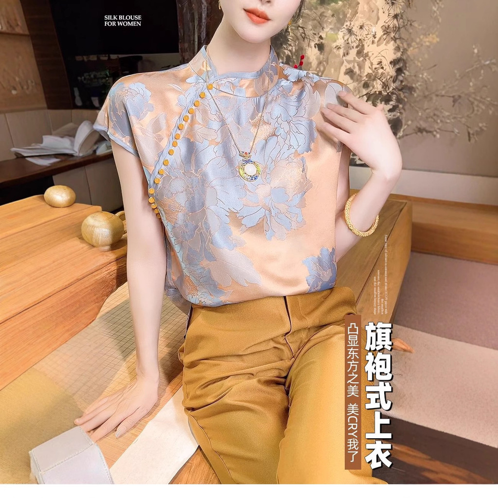 Kemeja wanita lengan pendek dari sutra, blus sutra murbei satin, atasan cheongsam.