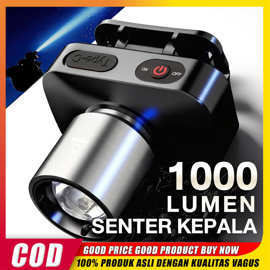 Senter kepala super terang anti air 1000 Lumen senter led super terang lampu senter kepala zoom supe