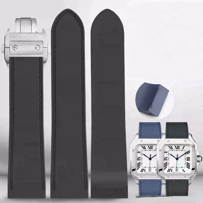 For Cartier santos100 Santos silicone rubber watch strap santos 100 Metal buckle watchband men Black