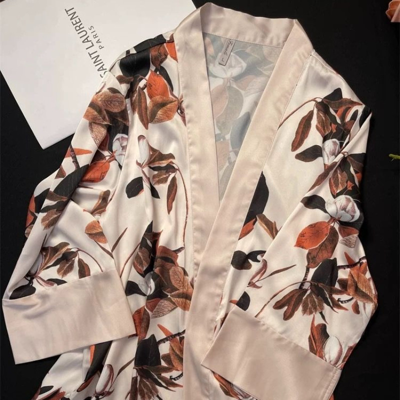 Tali sutra es piyama lengan panjang set celana panjang wanita cetak