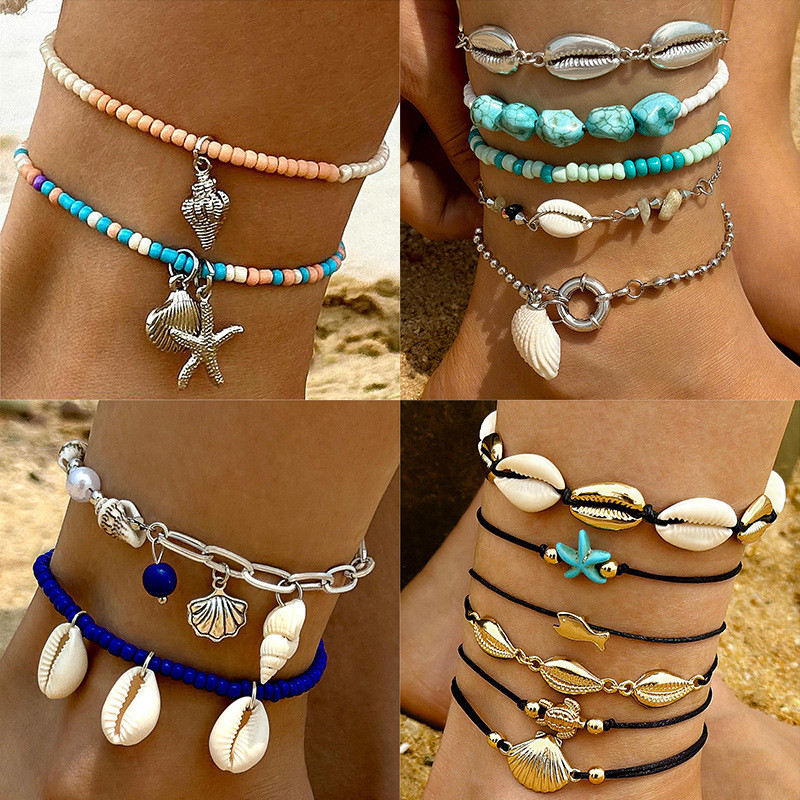 Perhiasan kerang, set gelang kaki manik-manik kerang bintang laut Bohemian, set gelang kaki liburan 