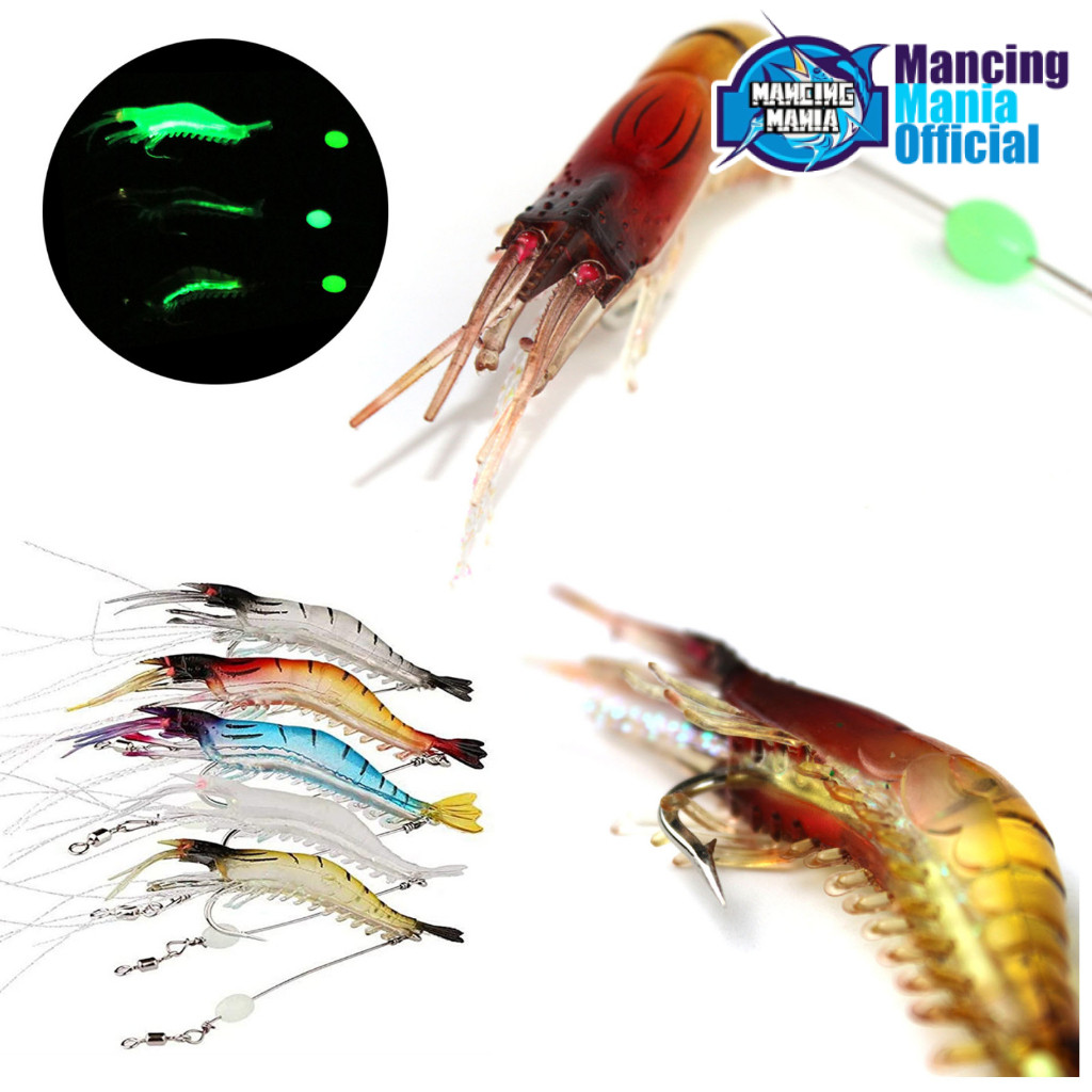 MANCING MANIA Umpan Udang Karet Silikon Dengan Kail Pancing Tajam dan Kawat Neklin