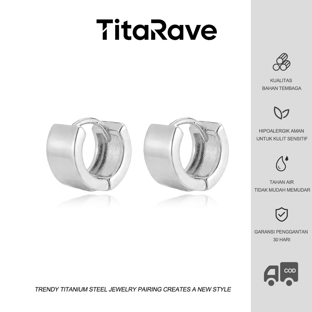 TitaRave Anting Telinga Perak Wanita Simple Kecil Lebar Bulat Trendy Hip Hop Punk Anting Pria Silver