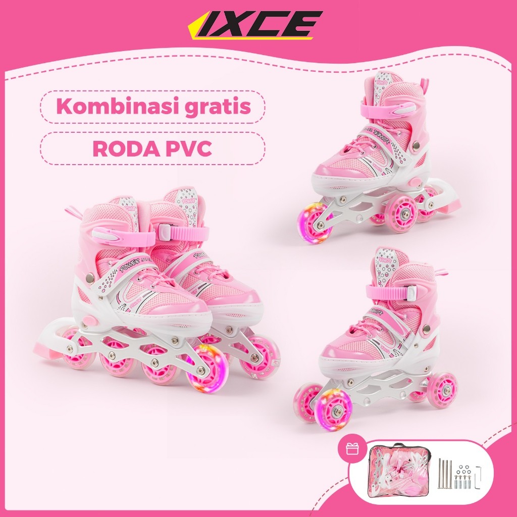 Sepatu Roda IXCE Anak Dewasa LED Bercahaya - Seting Inline Bajay, Karet PU, Aluminium Frame-Free Tas