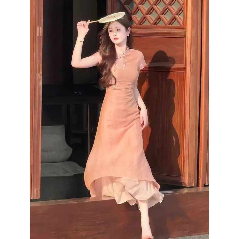 [COD] Gaun Cheongsam Pink Modifikasi untuk Wanita Bertubuh Mungil Gaun Panjang Hanfu