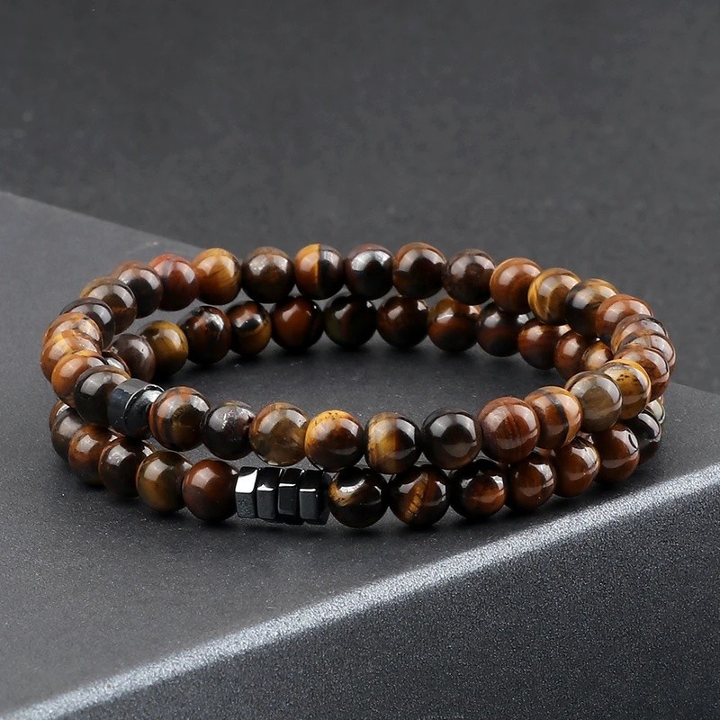 (Pengiriman cepat) 2Pcs / Set Pria Gelang Batu Alami Set 6MM Hitam Matte Lava Polandia Hematite Spac