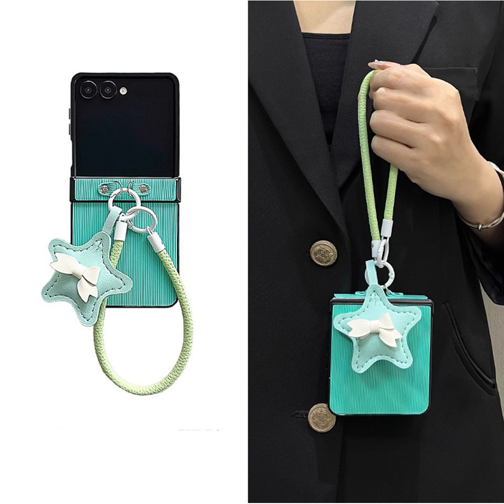 Casing Ponsel Garis Warna Solid Korea dengan Tali Bintang Kulit untuk Samsung Galaxy Z Flip5 6Z Flip
