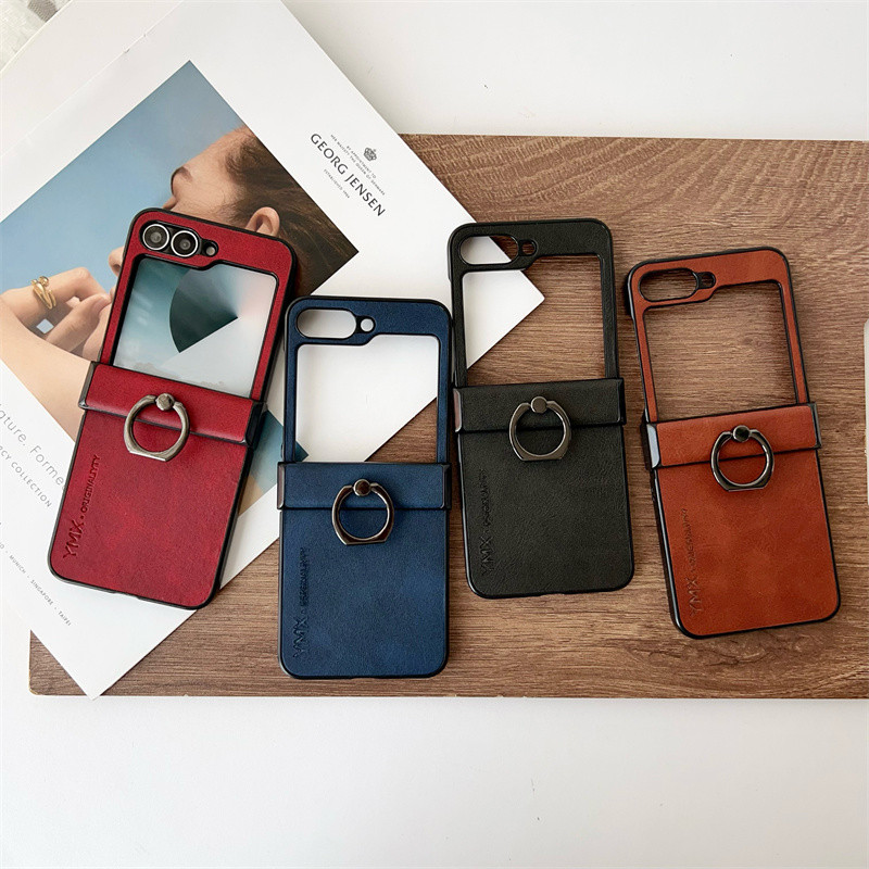 Casing Ponsel Kulit Mewah dengan Stand Ring Holder untuk Samsung Galaxy Z Flip 7 Z Flip 6 Z Flip 5 Z