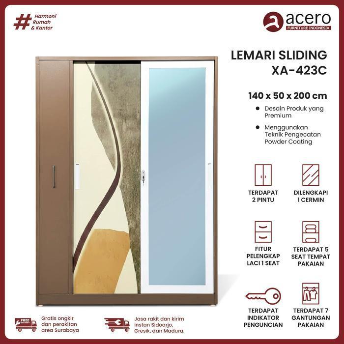 Lemari Besi Sliding 3 Pintu 140cm Gantungan Pakaian dan Hijab Acero XA Series - XA-423C, Dengan Pack