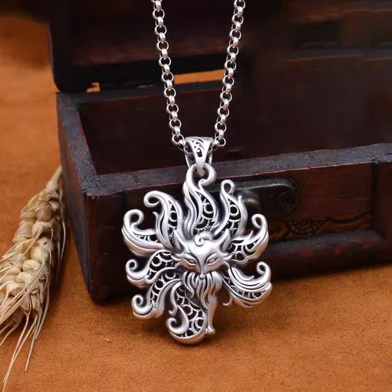 Sterling Silver S999 Rubah Berekor sembilan Liontin Perak Rubah Berongga Kalung Wanita