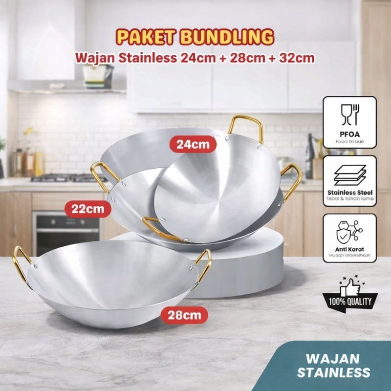COD Set Wajan / Kuali Mini 3 PCS Stainless Steel 304 - Premium untuk Goreng & Tumis (Size 20-32cm) -