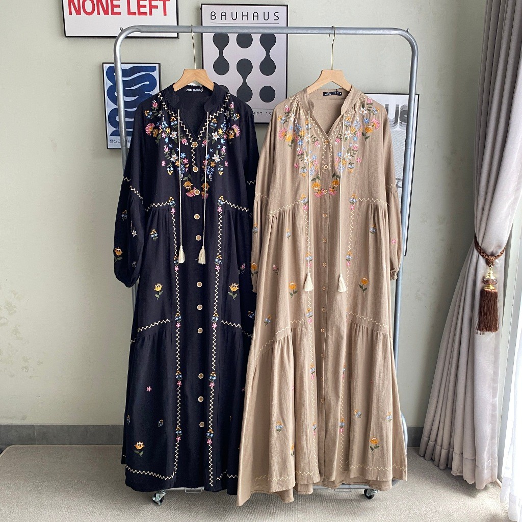 VANYA Gamis Linen Tali Bordir  Full Kancing - Gamis Lengan Balon Elegan