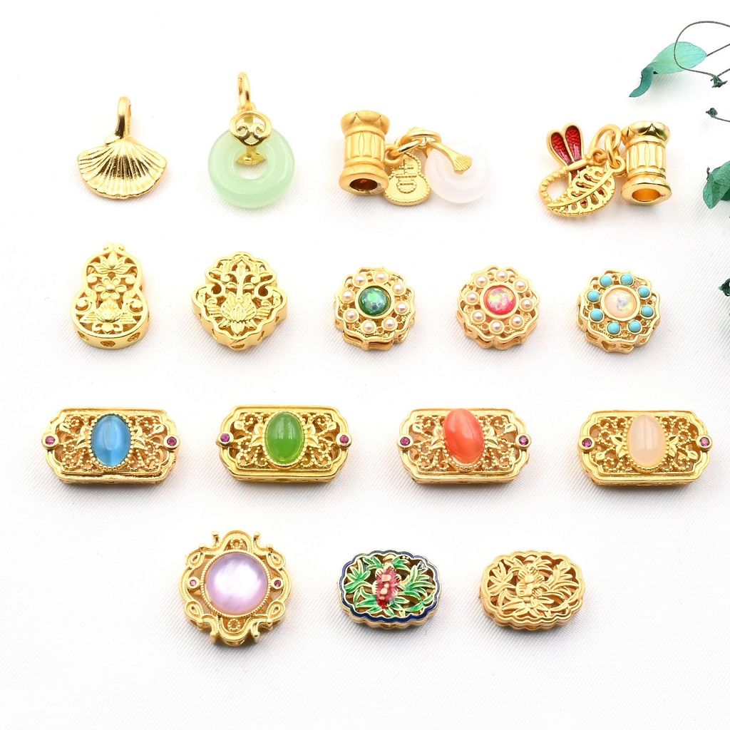 (1 bungkus 5) Manik-manik emas kuno, bertatahkan manik-manik transfer batu aksesoris gelang DIY