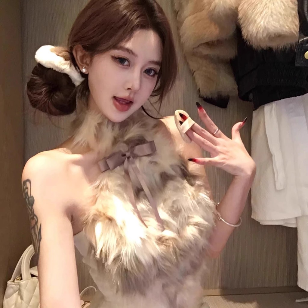 Temukan Pakaian Musim Gugur Dan Musim Dingin Atasan Baru Dengan Bulu Elegan Rompi Pendek Dengan Pita