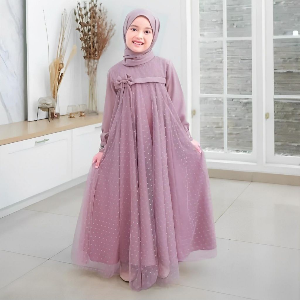GUNSHOP Gamis Brukat Anak Tanggung 5-13 Tahun Dress Muslim Anak Terbaru 2026 Bahan Crinkle Mix Tile 