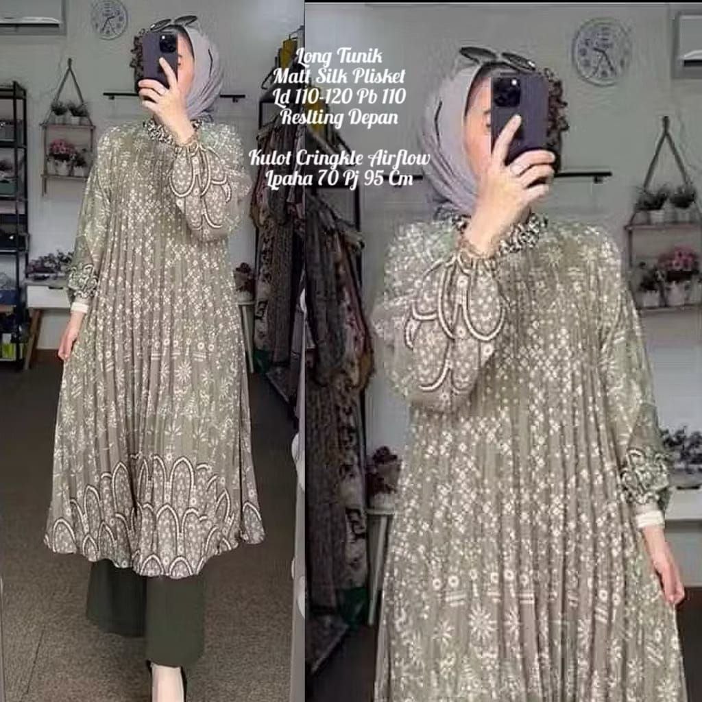 * Baju Atasan dan Bawahan Muslim Wanita Tunik Plisket Leorichi Tebal Adem Busui Friendly Kekinian | 
