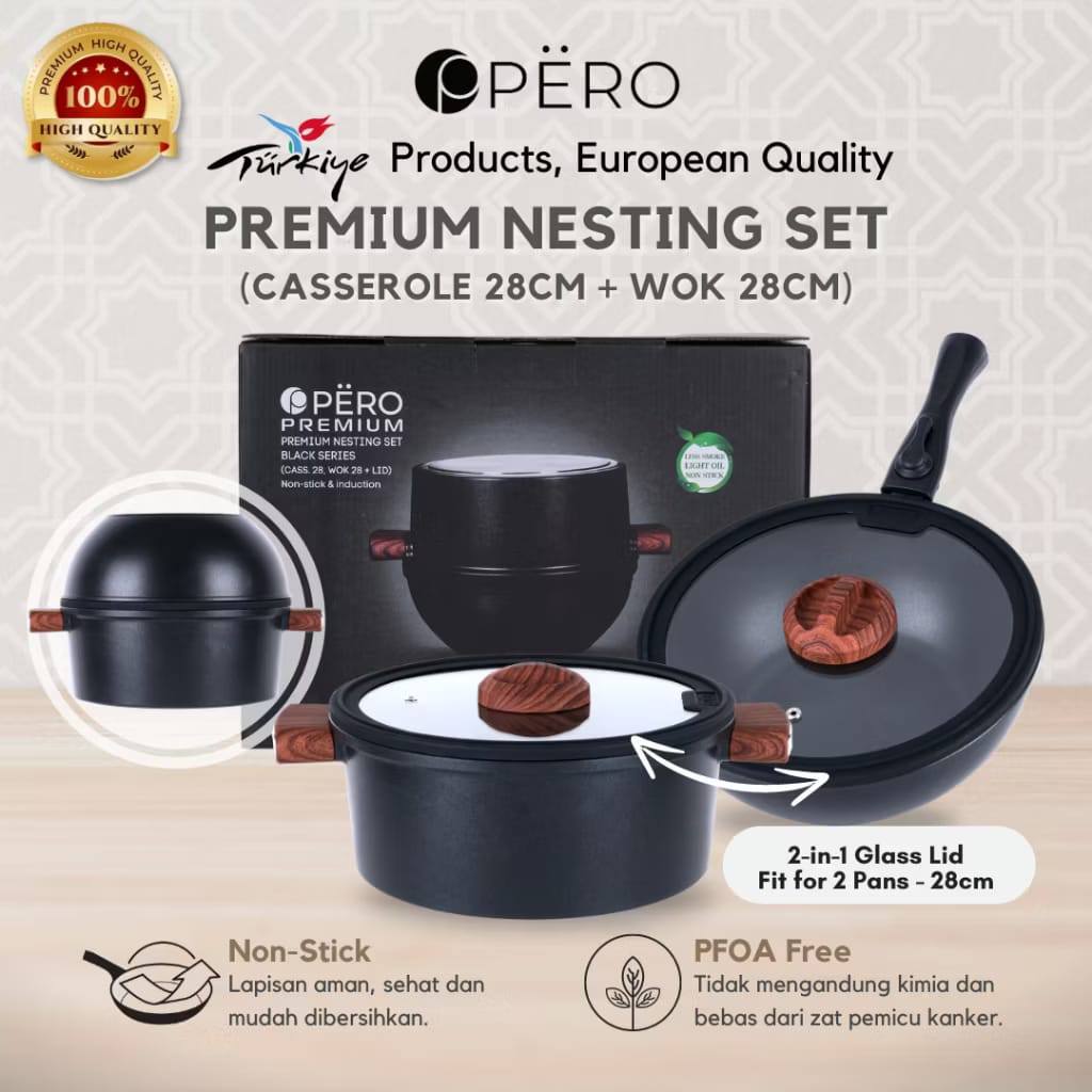Pero Premium Nesting Black Set Series Casserole 28cm & Wokpan 28cm with Lid Biogranite