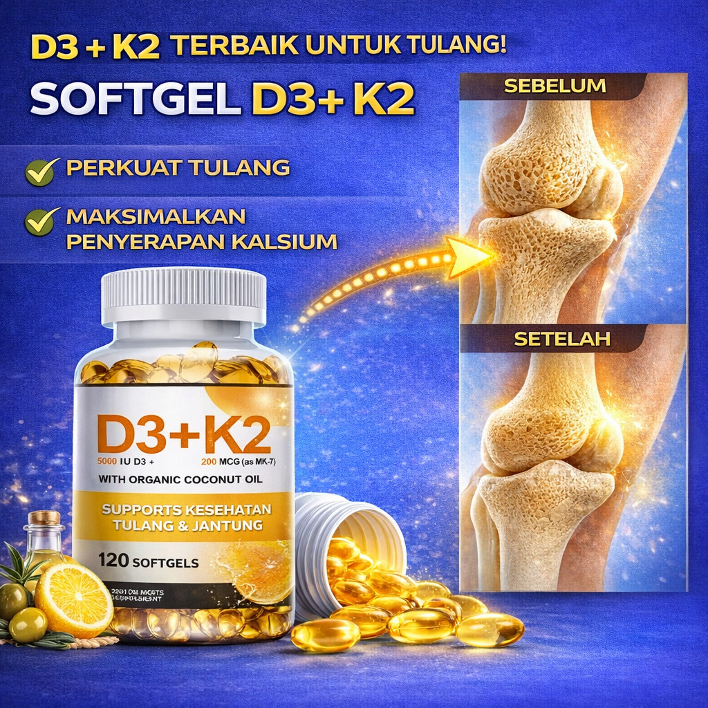 Kapsul Lunak D3 + K2 / Suplemen Vitamin D3 K2 / Kapsul D3 K2 Tulang Jantung / Kapsul D3 K2 Premium /