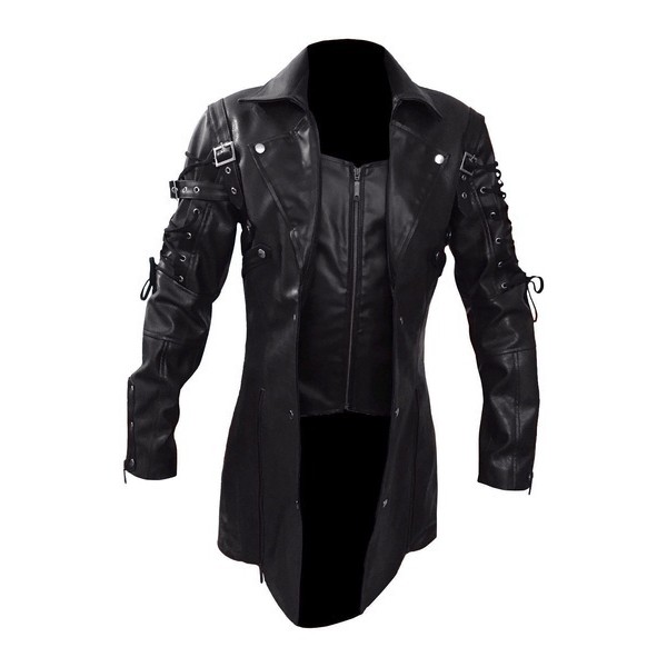 New Steampunk Men's Gothic Trench Coat Leather Jacket