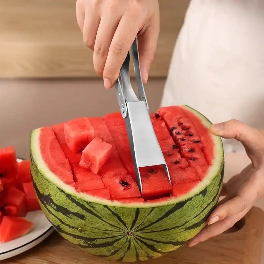 304 Stainless Steel 2in1 Fruit Fork Cutter Easy Use Uniformly Cube Cutting Watermelon Cutter Efficie