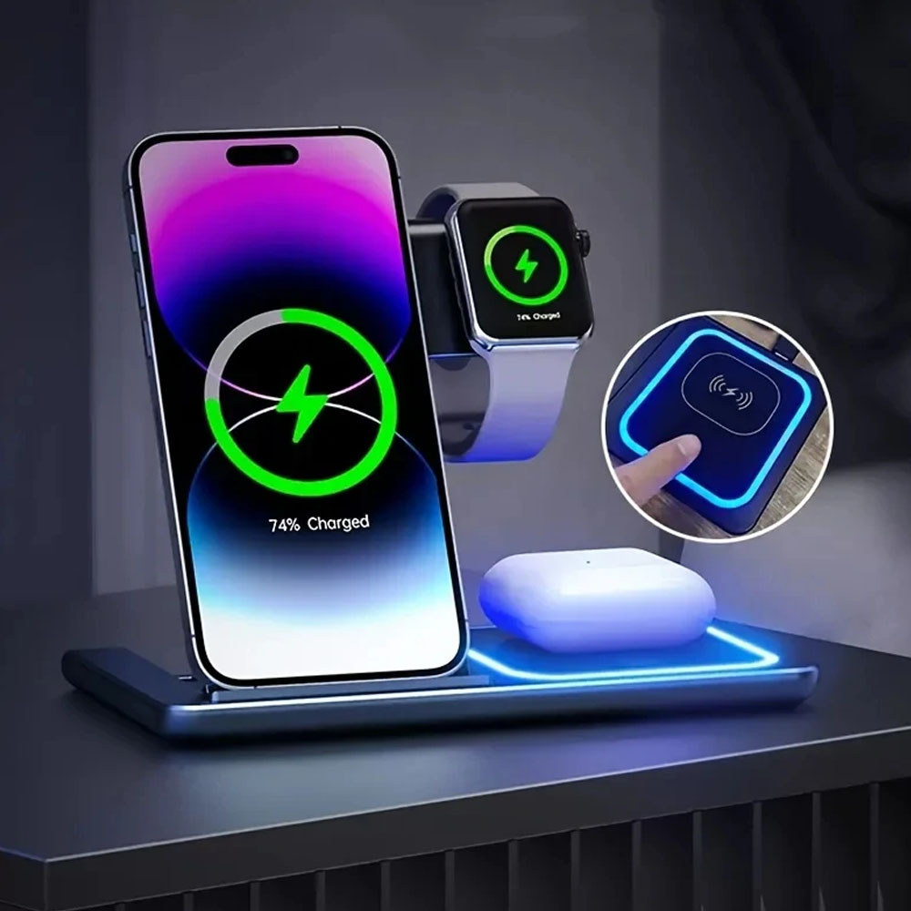 RS 3 in 1 LED Fast Wireless Charger Stand Foldable Charging Station For iPhone 15 14 13 12 11Apple W