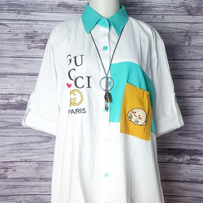 Tunik Kemeja Katun n Import Tulisan Bordir Pentol Kantong Depan - Putih