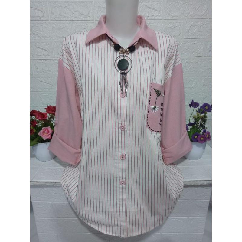 Atasan blus baju kemeja wanita lengan panjang bahan adem katun linen kombinasi salur premium model k