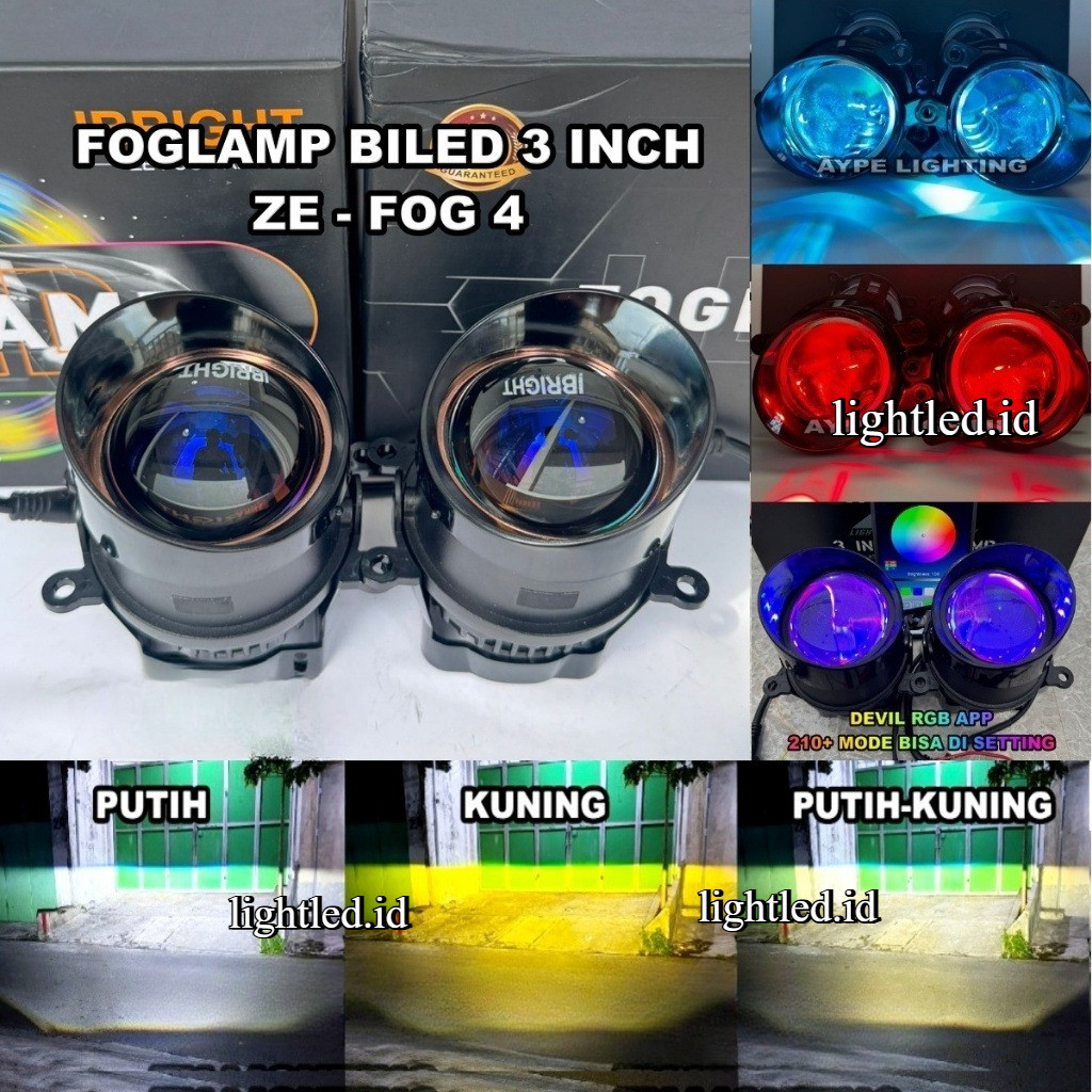 Foglamp Biled Sepasang ZE FOG 4 IBRIGHT Bluelens Lengkap Brecket Devil Rgb Apps Foglamp Mobil