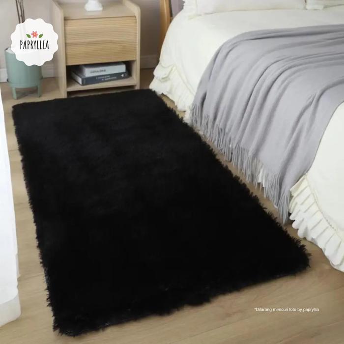 KARPET BULU RASFUR Ukuran 70x145cm +Antislip dan Busa ( Hitam ) - 2cm