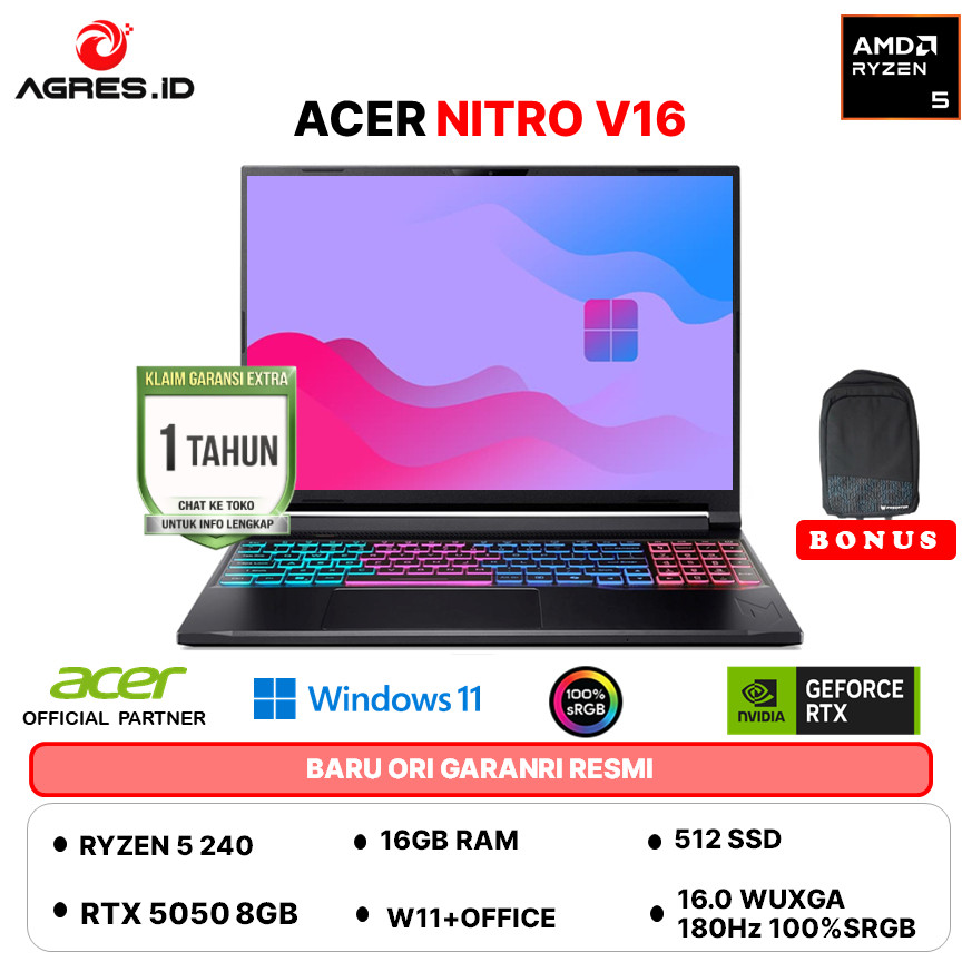 ACER NITRO V 16S RYZEN 5 240 RTX5050 8GB - RAM 16GB 512GB W11+OHS+M365B 16.0WUXGA 180HZ 100SRGB