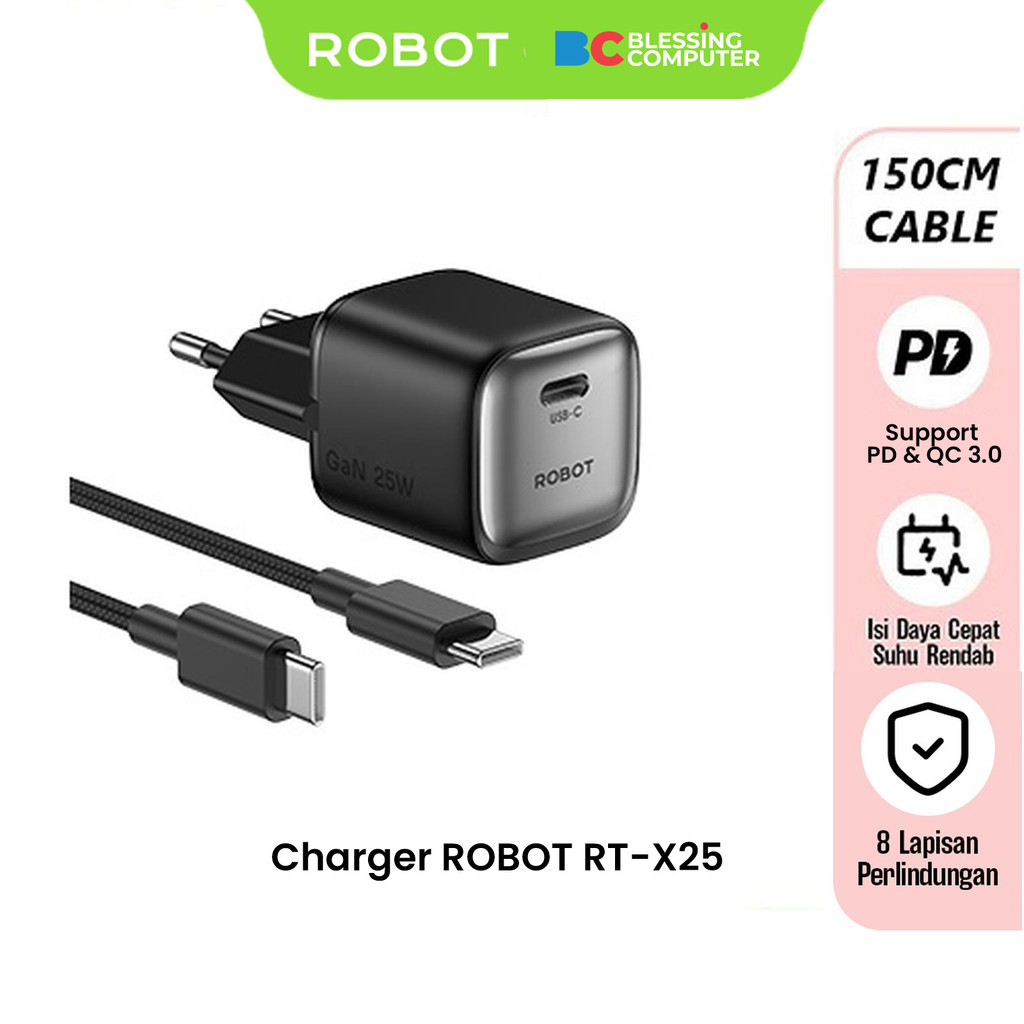 Charger ROBOT RT-X25 25W GaN PD + QC 3.0 + Cable 150cm