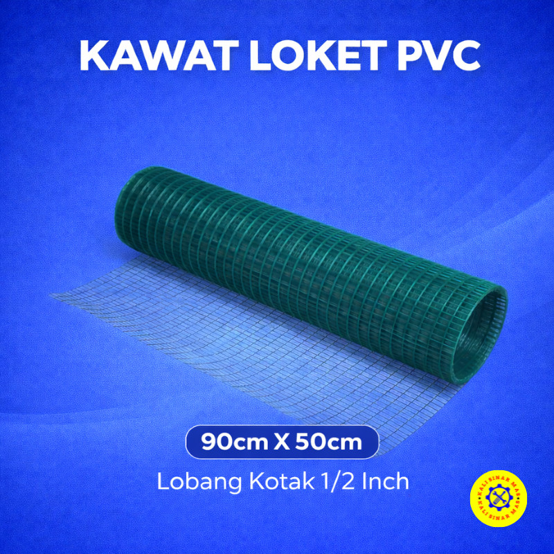 Kawat Loket PVC 90cm x 50cm Lubang Kotak 1/2 Inch Kawat Ram PVC Hijau Per 50cm Untuk Kandang