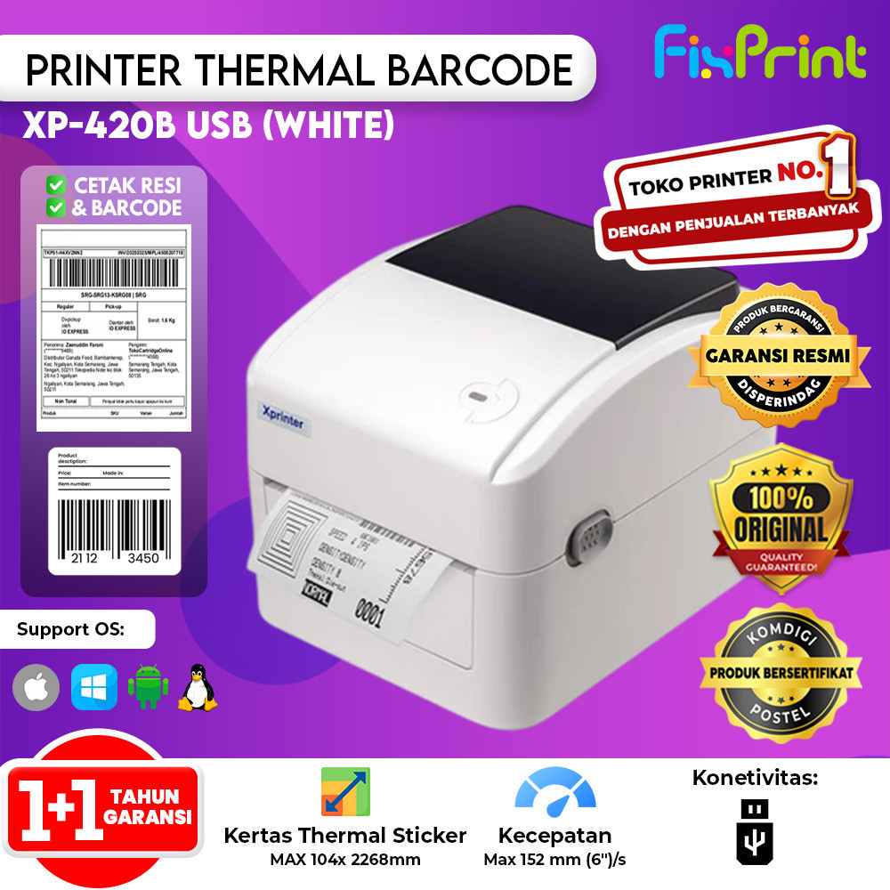 Printer Resi Barcode Label Thermal USB - Xprinter XP420 / XP-420B / XP420B - XP-420B, USB ONLY