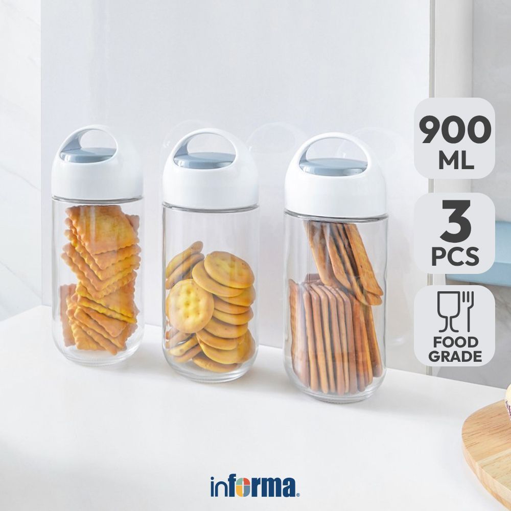 PLAOSANSTORE Informa Elemental Kitchen 900 ml Set 3 pcs Star Stoples Kaca Jar Tempat Simpan Snack Da