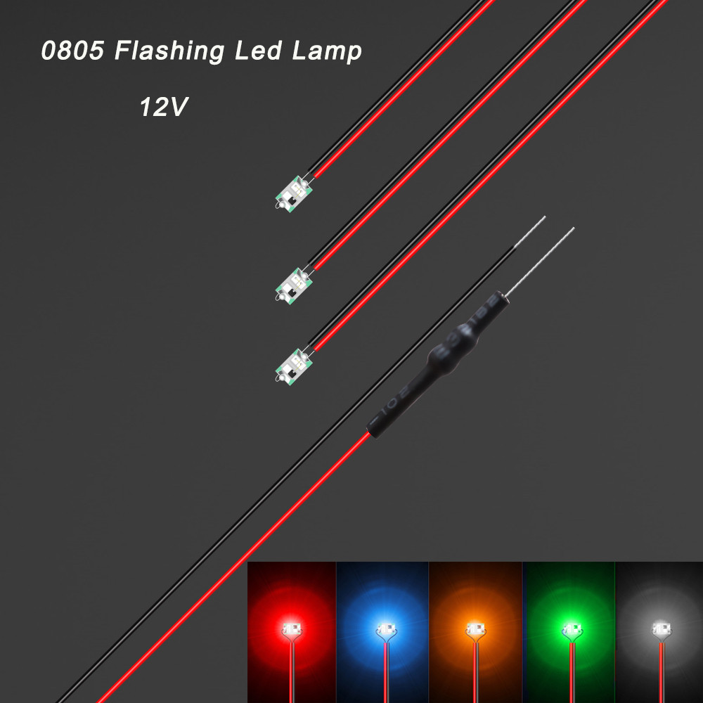 10PCS Lampu LED SMD 0805 12V Berkabel Model Berkedip untuk Kereta Api, Sudah Disolder dengan Kawat M