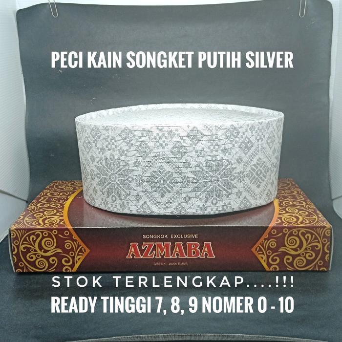 PECI SONGKOK KOPYAH PUTIH SILVER MOTIF TENUN SONGKET DEWASA DAN ANAK ready tinggi 7, 8, 9 nomer 0-10