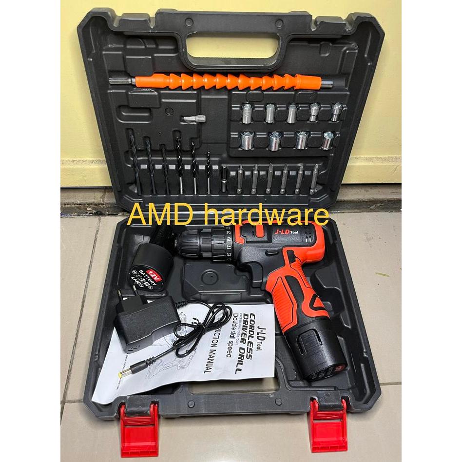 Mesin Bor Baterai Cordless Drill 12V SET LENGKAP Mata Bor NAGAWA JLD - 12V JLD MERAH