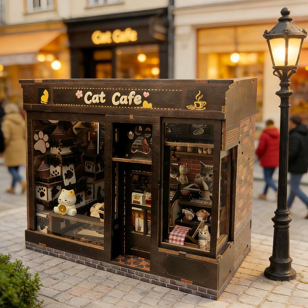 DIY Wooden Cat Cafe Casa Miniature Model Kits with Furniture LED Lights Dollhouse for Friends Birthd