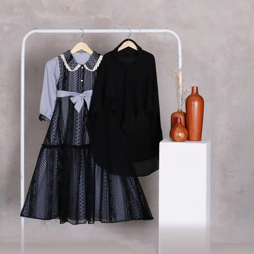 Rievera —— (Real Picture) Ghania Kids Gamis Syari Set Hijab Anak Perempuan  Muslim Lebaran 6-8 Tahun