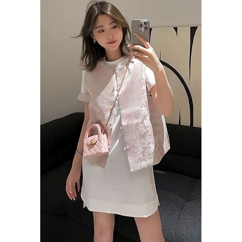 [Bulan Lembut] [COD] Set rompi gaya Cina dengan kancing simpul Cina, rok midi tanpa lengan