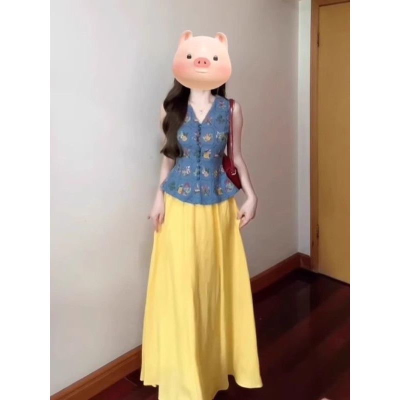 [Pakaian Ratu] Setelan Atasan Rompi Tanpa Lengan Kerah Prancis Rok Ramping Wanita Set Dua Potong