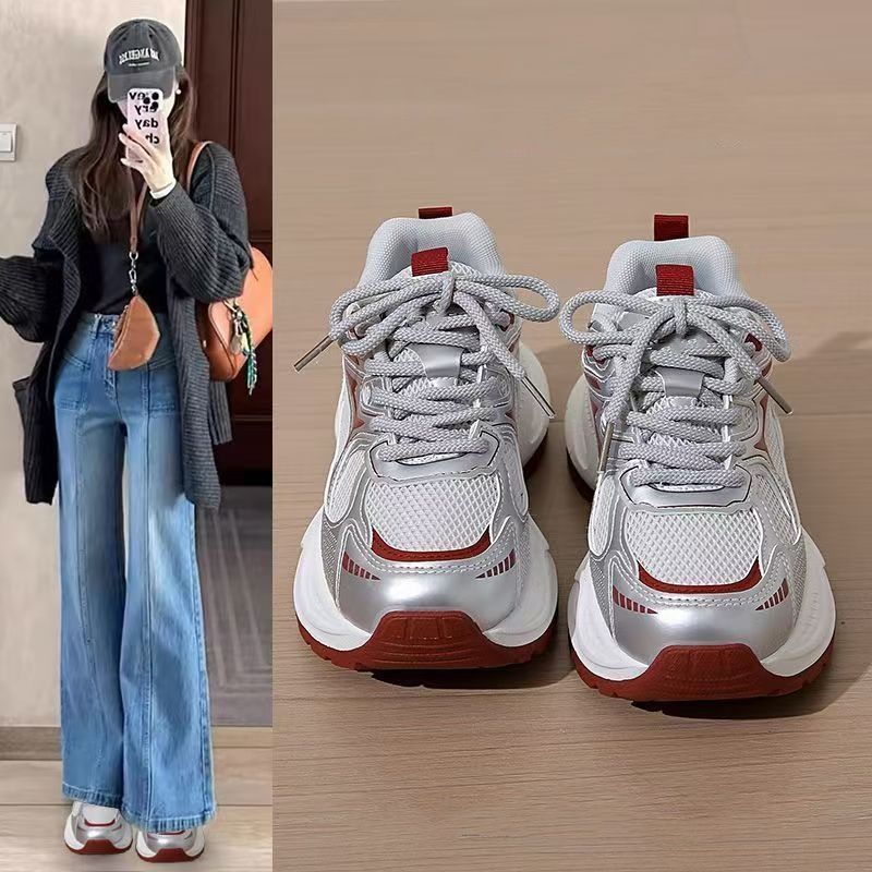 Sepatu sneakers ringan untuk wanita, sepatu putih serbaguna untuk musim semi dan gugur, sol tebal, m