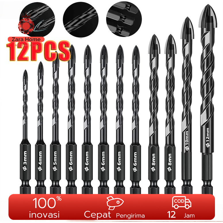Set 12 Mata Bor Cross Hex 3-12mm Alloy untuk Kaca Keramik Beton
