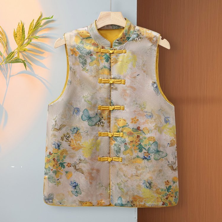 Rompi wanita bergaya Tiongkok Jaket berkerah tegak berkancing, rompi tanpa lengan, atasan, rompi.