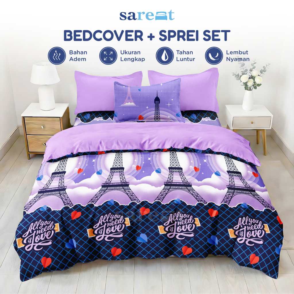 Sarest Bedcover Sprei Set Paris Ungu Mix Lilac Ukuran Lengkap 180x200 160x200 120x200