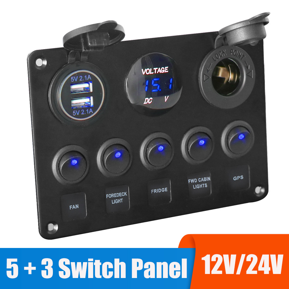 Panel Sakelar LED 5 Tombol 12V 24V dengan Lampu, Pengisi Daya USB 3.0 Volt, Pengukur Voltase untuk A