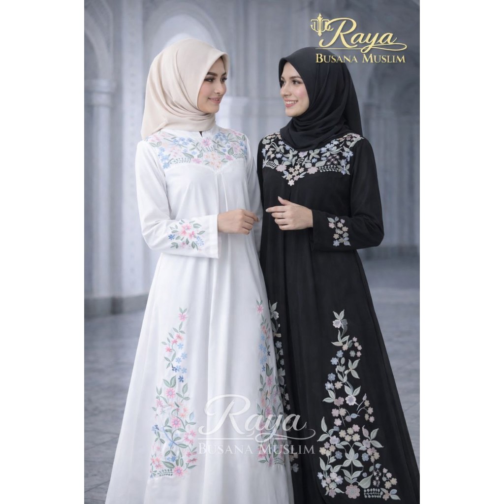 Raya Busana - Alesha Gamis Putih Bordir Lebaran Dress Muslim Simple Elegan Abaya Hitam Haji Umroh 26