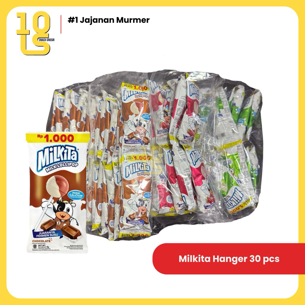 TERLARIS Milkita Permen Lollipop Assorted Hanger Ecer 1000 1 Bag 30 pcs @9gr Rasa Cokelat/Stroberi/M
